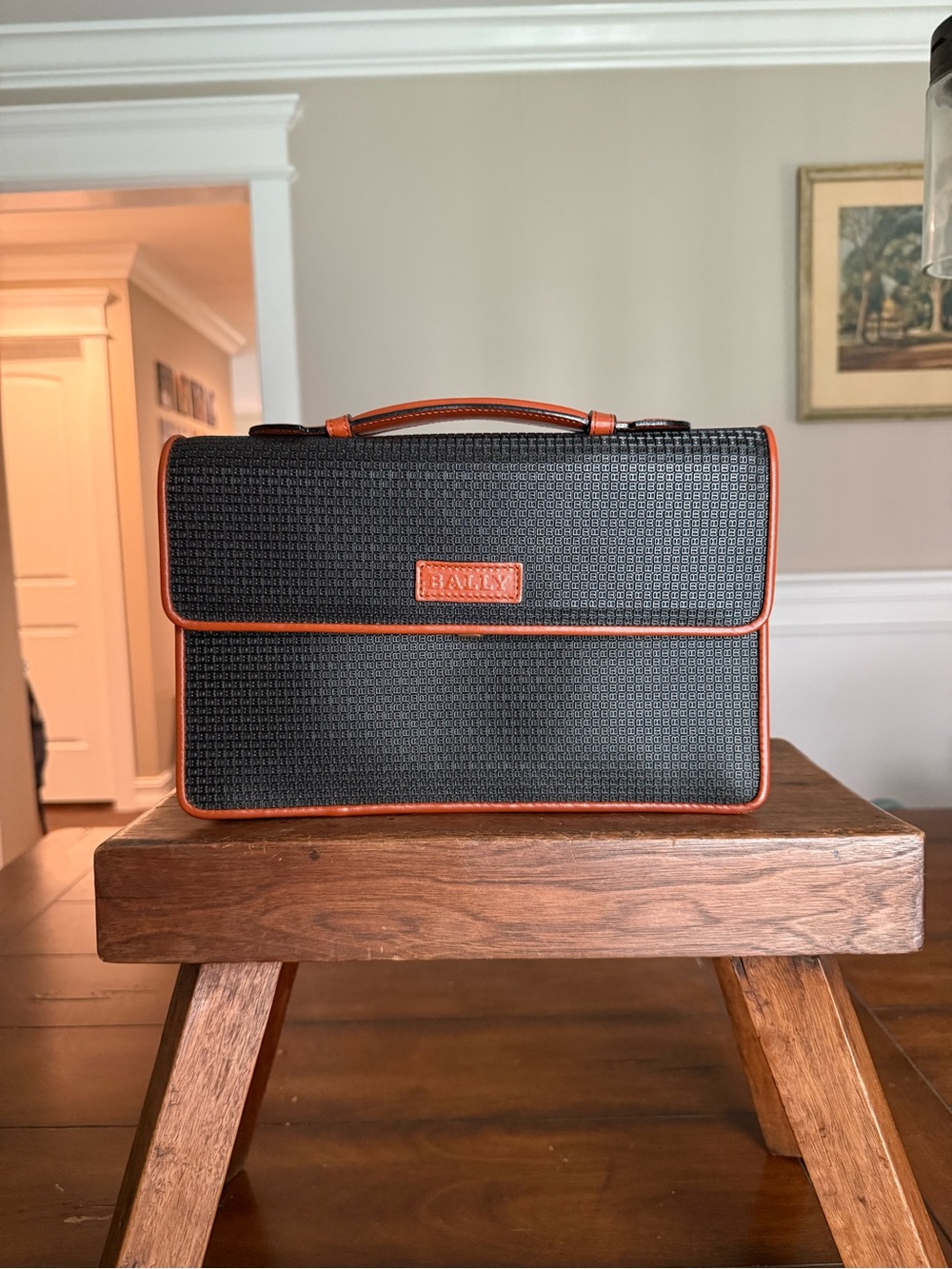 Vintage Bally Black Briefcase with Brown Trim Leather Handle